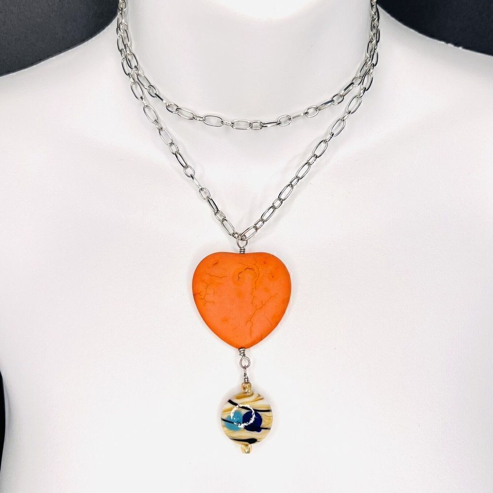 Silver Tone Necklace Orange Howlite Heart Pendant Art Glass 4366